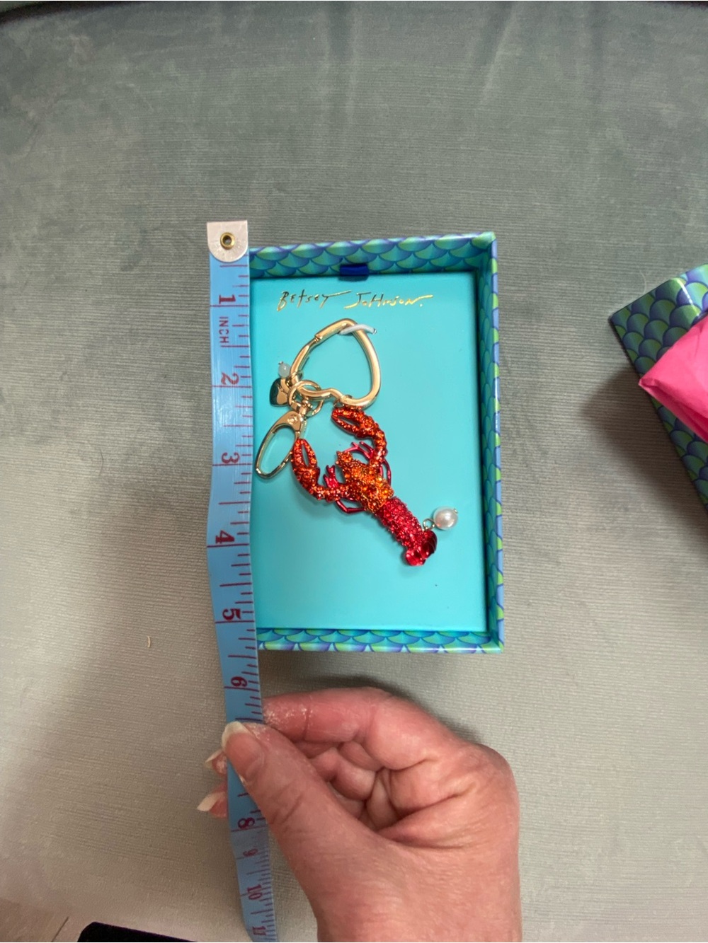 Betsey Johnson Red Crystal GlitterLobster Keychain NIB with Pearl Accent, gold - Picture 7 of 12